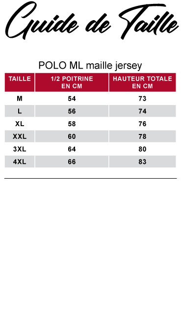 guide de tailles de polos manches longues Otago rugby homme